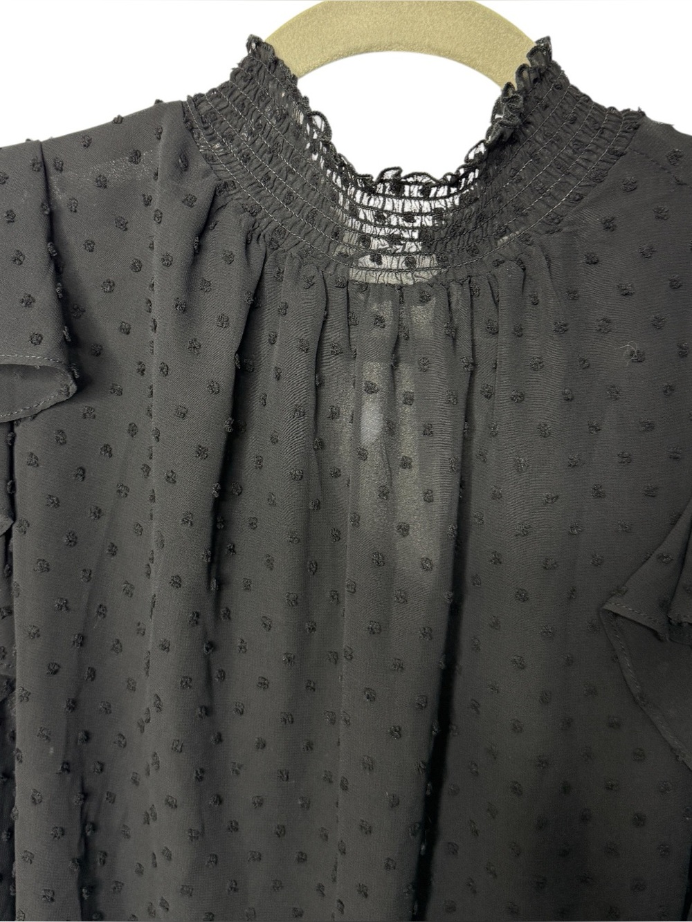 1 State Sz XL black blouse sheer polkadot chiffon ruffled neck sleeves NWT Flaw